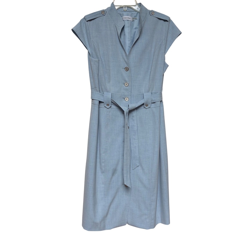 Calvin Klein Womens Light Blue Button Front Belted Sheath Dress Size 14 Office